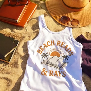 Débardeur lectures et rayons de plage, chemise d&#39;été pour amoureux des livres, joli t-shirt sans manches pour les lecteurs, tenue de plage esthétique, cadeau livresque