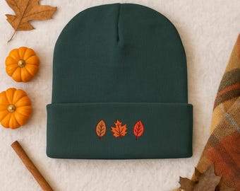 Fall Leaf Embroidered Beanie | Dark Green Knit Hat for Autumn | Cozy Cuffed Beanie | Minimal Fall Style | Thanksgiving Beanie Gift