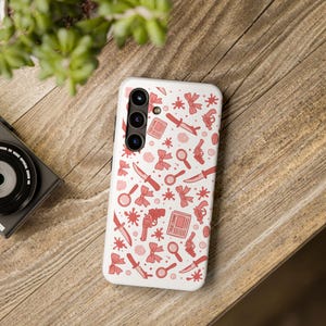 True Crime Phone Case, Red Crime Pattern with Knives, Bows & Guns, Shockproof Mystery Lover Case, Spooky Cute iPhone Cover image 3