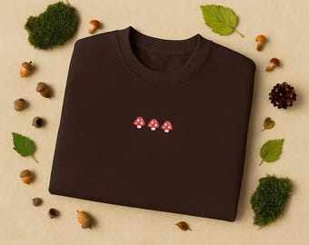Mushroom Embroidered Sweatshirt, Dark Brown Cottagecore Crewneck, Cozy Fall Pullover, Cute Toadstool Forest Aesthetic Sweater