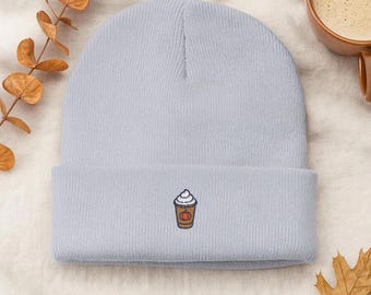 Pumpkin Spice Embroidered Beanie, Cozy Fall Coffee Knit Hat in Light Gray, Minimal Autumn Beanie, PSL Gift for Coffee Lovers
