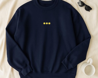 Triple Sun Embroidered Sweatshirt, Navy Blue Cozy Pullover, Minimalist Celestial Crewneck, Cottagecore Aesthetic Gift, Unisex Fit