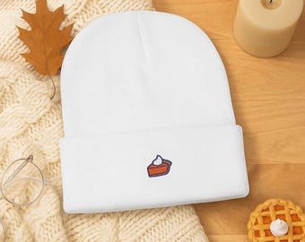 Pumpkin Pie Embroidered Beanie, Cozy White Knit Hat for Fall & Thanksgiving, Minimal Autumn Cuffed Beanie, Cute PSL Season Gift