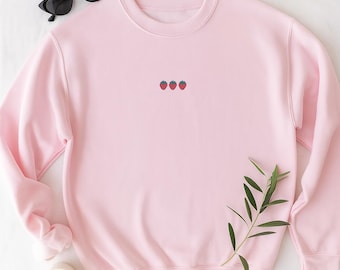 Embroidered Strawberry Sweatshirt, Crewneck with Strawberry Design, Cottagecore Fruit Aesthetic