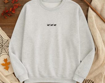 Three Black Cats Embroidered Sweatshirt, Light Gray Halloween Crewneck, Minimal Fall Style, Cozy Spooky Season Sweater