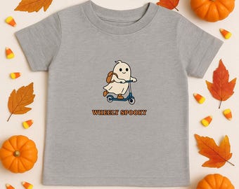 Personalized Wheely Spooky Toddler Halloween Shirt, Cute Ghost on Scooter Tee for Kids, Funny Fall Outfit for Boys and Girls