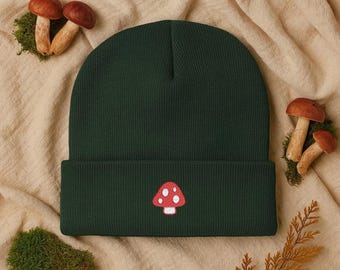 Red Mushroom Embroidered Beanie, Forest Green Knit Hat, Cottagecore Aesthetic, Cozy Fungi Cuffed Cap, Nature Lover Gift