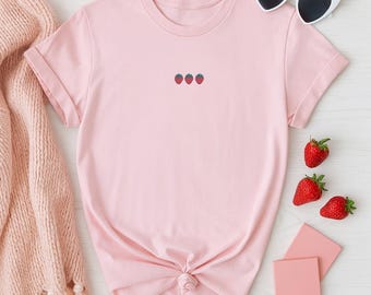 Strawberry Embroidered T-Shirt, Fruit Aesthetic Tee, Kawaii Summer Shirt, Minimalist Strawberry Top, Cute Cottagecore T-Shirt