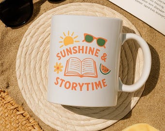 Sunshine & Storytime Mug, Summer Book Lover Coffee Cup, Cute Beach Reading Gift, Bookworm Ceramic Mug for Readers and Teachers