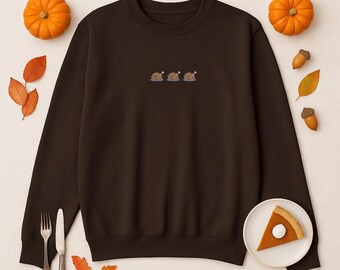 Thanksgiving Turkey Embroidered Sweatshirt, Dark Brown Cozy Crewneck, Fall Feast Pullover, Minimalist Holiday Dinner Sweater