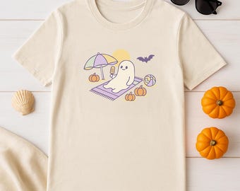 Spooky Beach Ghost T-Shirt Halloween Summerween Shirt Cute Pastel Ghost Tee Fall Coastal Aesthetic Shirt Ghost on Vacation Tee