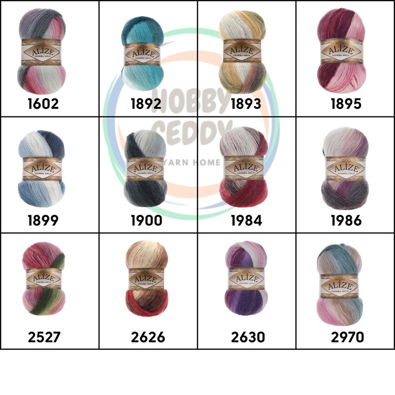 May include: A collection of Alize brand yarn skeins in various colors. Each skein is labeled with a unique number. Colors include pink, blue, green, and purple. The yarn is likely for knitting or crochet projects.