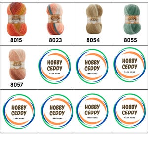 May include: A collection of Alize brand yarn skeins in various colors, including orange, peach, tan, and green. Each skein is labeled with a product code. The image also features multiple logos with the text "HOBBY CEDDY YARN HOME".