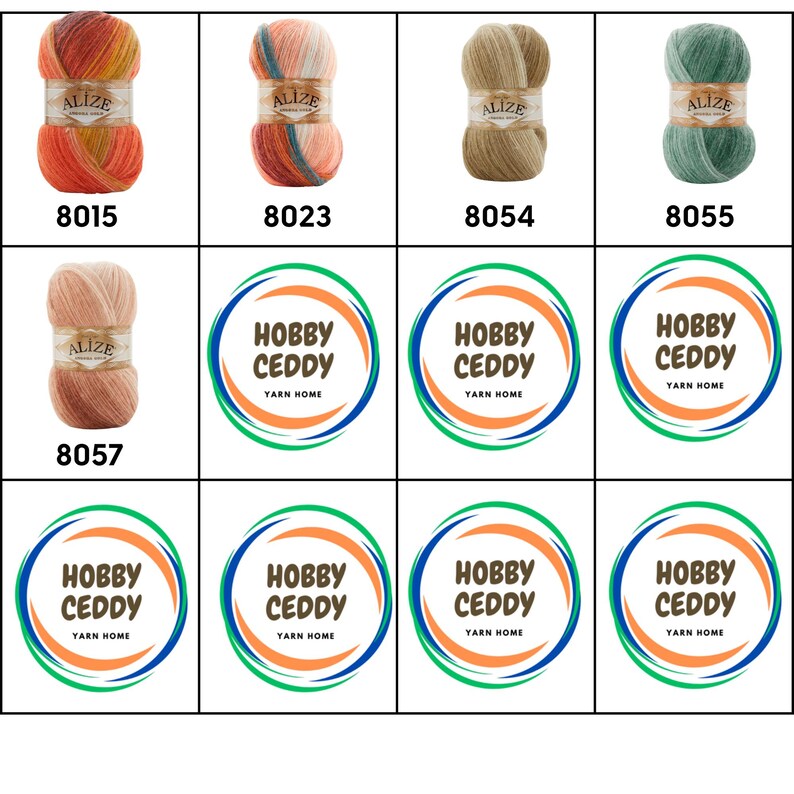 May include: A collection of Alize brand yarn skeins in various colors, including orange, peach, tan, and green. Each skein is labeled with a product code. The image also features multiple logos with the text "HOBBY CEDDY YARN HOME".