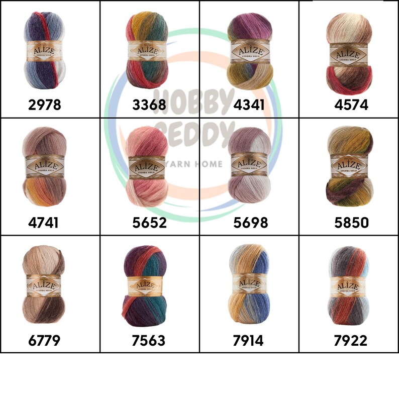 May include: A grid of yarn skeins in various colors, each labeled with a number. The skeins display a mix of hues, including blues, greens, reds, and browns. The brand name "ALIZE" is visible on each skein. The numbers are 2978, 3368, 4341, 4574, 4741, 5652, 5698, 5850, 6779, 7563, 7914, and 7922.