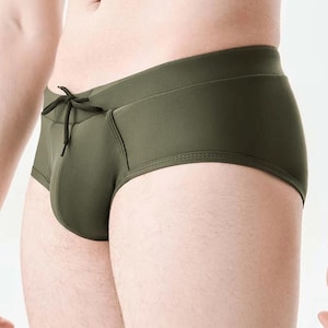 Anatomical Mens Swim Briefs with Adjustable Pouch, Khaki Swimsuit, Ergonomic Supportive Swimwear, Mens Low Rise Bikini Swim Trunks