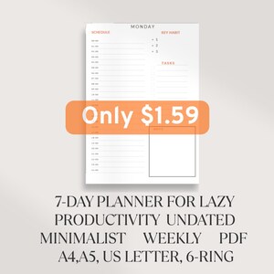 Agenda de 7 dias para produtividade preguiçosa | PDF semanal minimalista sem data | Tamanhos A4, Carta EUA, A5, 6 argolas