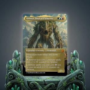 May include: A Magic: The Gathering card featuring "Animar, Soul of Elements." The card depicts a towering elemental creature with a forest-like appearance against a mountainous backdrop. The card is displayed on a decorative stand.