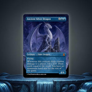 May include: A Magic: The Gathering card featuring an Ancient Silver Dragon. The card has a blue border and depicts a silver dragon with large wings against a starry background. Text includes the dragon's name, creature type, abilities, and power/toughness.