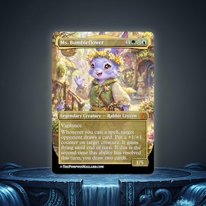 May include: A collectible trading card featuring "Ms. Bumbleflower," a rabbit character with a floral crown and green vest. The card has a colorful illustration of a whimsical scene and includes game text. The card is labeled as a "Legendary Creature - Rabbit Citizen."
