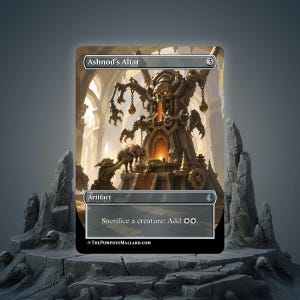 May include: A rectangular trading card titled Ashnod's Altar featuring a dark stone structure with a skull motif and glowing orange fire. The card text reads Sacrifice a creature: Add two colorless mana symbols. The background shows a stone hall.