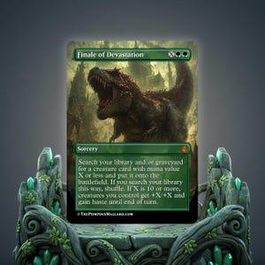 May include: A green and black "Finale of Devastation" Magic: The Gathering card featuring a detailed illustration of a Tyrannosaurus Rex. The card is displayed on a decorative stone stand with green crystal accents.