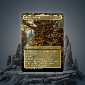 May include: A rectangular trading card titled Three Tree City featuring a detailed illustration of a large tree with wooden dwellings built into its branches. The card text includes Legendary Land, game rules, and the website ThePompousMallard.com.