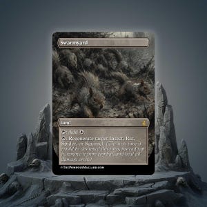 May include: A rectangular trading card titled Swarmyard featuring a dark, moody illustration of multiple squirrels in a forest setting. The card text includes Land, the tap symbol to add colorless mana, and the ability to regenerate Insect, Rat, Spider, or Squirrel creatures.