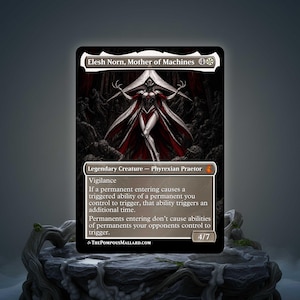 May include: A collectible card featuring Elesh Norn, Mother of Machines. The card has a dark, gothic aesthetic with a central illustration of a figure in white and red. Text details the card's abilities, including Vigilance. The card is a Phyrexian Praetor.