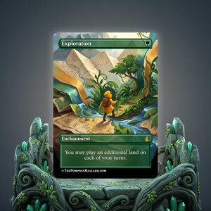 May include: A rectangular trading card titled Exploration featuring a figure in a yellow raincoat and brown backpack walking through a landscape of paper maps, green foliage, and a blue stream. The card text reads Enchantment and You may play an additional land on each of your turns.