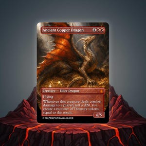 May include: A Magic: The Gathering card featuring an Ancient Copper Dragon. The card has a red border and depicts a detailed illustration of a copper-colored dragon with orange wings. Text includes the dragon's name, creature type, and abilities. The card is set against a dark, atmospheric background.