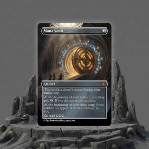 May include: A Magic: The Gathering card titled "Mana Vault" featuring a detailed illustration of a large, ornate vault door. The card has text describing its function as an artifact. The card is set against a gray, rocky background.