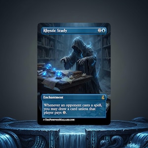 May include: A fantasy card titled "Rhystic Study" featuring a robed figure in a library setting. The card has a blue border and includes text about drawing cards. The image shows glowing orbs and a dark, mystical atmosphere.