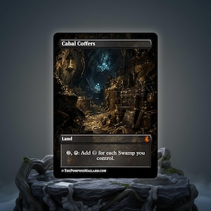 May include: A Magic: The Gathering card titled "Cabal Coffers" with a dark, detailed illustration of a cavern. The card text reads "Land" and includes instructions for gameplay. The card is displayed on a stone-like surface.