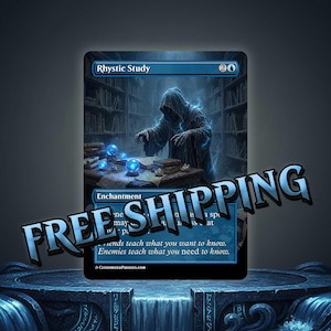 May include: A blue fantasy card titled "Rhystic Study" featuring a robed figure in a library setting. The card has glowing orbs and text. The words "FREE SHIPPING" are overlaid on the card.