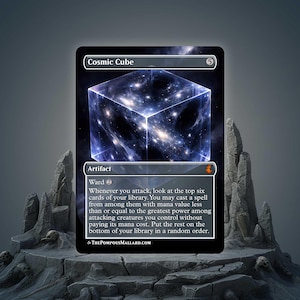 May include: A rectangular trading card titled Cosmic Cube featuring a translucent cube filled with a swirling galaxy of stars and nebulae. The card text includes the artifact type, a ward cost of 2, and a detailed ability description in white text.