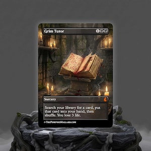 May include: A Grim Tutor card featuring an open book with red and gold illustrations, set in a candlelit room. The card text reads "Search your library for a card, put that card into your hand, then shuffle. You lose 3 life."