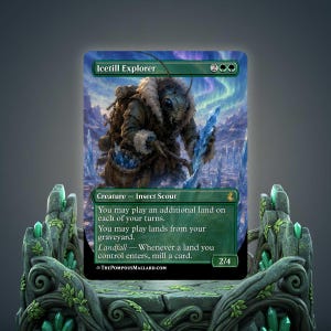 May include: A collectible trading card titled Icetill Explorer featuring an insectoid creature in a fur-lined coat exploring a frozen landscape under a purple aurora. The card text details creature abilities and stats, set against a dark green background.