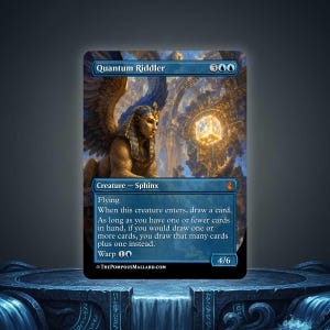 May include: A Magic: The Gathering trading card titled Quantum Riddler featuring a winged sphinx with a blue and gold headdress. The card displays a glowing golden cube, mathematical symbols, and text detailing creature abilities and stats.