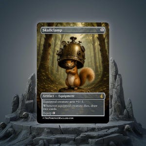 May include: A collectible trading card titled Skullclamp featuring a brown squirrel wearing a large, metallic, steampunk-style helmet in a forest setting. The card text includes Artifact - Equipment, game mechanics, and ThePompousMallard.com.