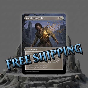 May include: A Magic: The Gathering card titled "Smothering Tithe" featuring a distressed figure with gold coins emanating from their chest. The card has a dark, gothic aesthetic with text and a fantasy illustration.