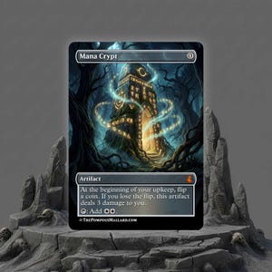 May include: A Magic: The Gathering card titled "Mana Crypt." The card features a detailed illustration of a glowing, ancient structure in a dark forest, with runes and swirling lights. The card is an artifact.