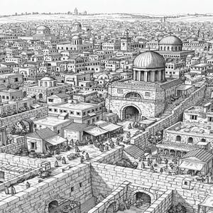 Intricate Ancient City Line Art Digital Print | Middle Eastern Urban Landscape Illustration
