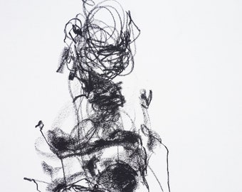 「金持ちの物」　　抽象木炭画 表現力豊かな抽象人物画「ドローイング 291」9x12インチ