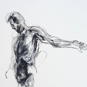 Expressive Figure Drawing, Black and White Gestural Figure Drawing, 18x24&quot;  Classical Art &quot;Drawing 702&quot;, Charcoal Figurative Wall Art