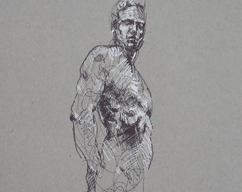 Ink Art, Male Figure Drawing on Gray, Ink Drawing,  "Drawing 631" Sketch, Figurative Art, Gallery Wall Art, 9x12" Office Art, Life Drawing