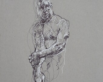 Ink Drawing on Gray, Male Figure Study, Sketch,  "Drawing 630" Black & White Figurative Art, Gallery Wall Art, 9x12"  Life Gesture Drawing