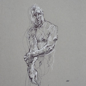 Ink Drawing on Gray, Male Figure Study, Sketch,  &quot;Drawing 630&quot; Black & White Figurative Art, Gallery Wall Art, 9x12&quot;  Life Gesture Drawing