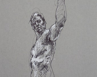 Ink Art, Male Figure Drawing on Gray, Ink Drawing,  "Drawing 634" Sketch, Figurative Art, Gallery Wall Art, 9x12" Office Art, Life Drawing