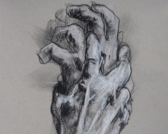 Charcoal and Pastel Hand Study on Gray, Black and White Art Gallery Wall Art, Abstract Sketch 11x14" "Drawing 689" Original Figure Drawing